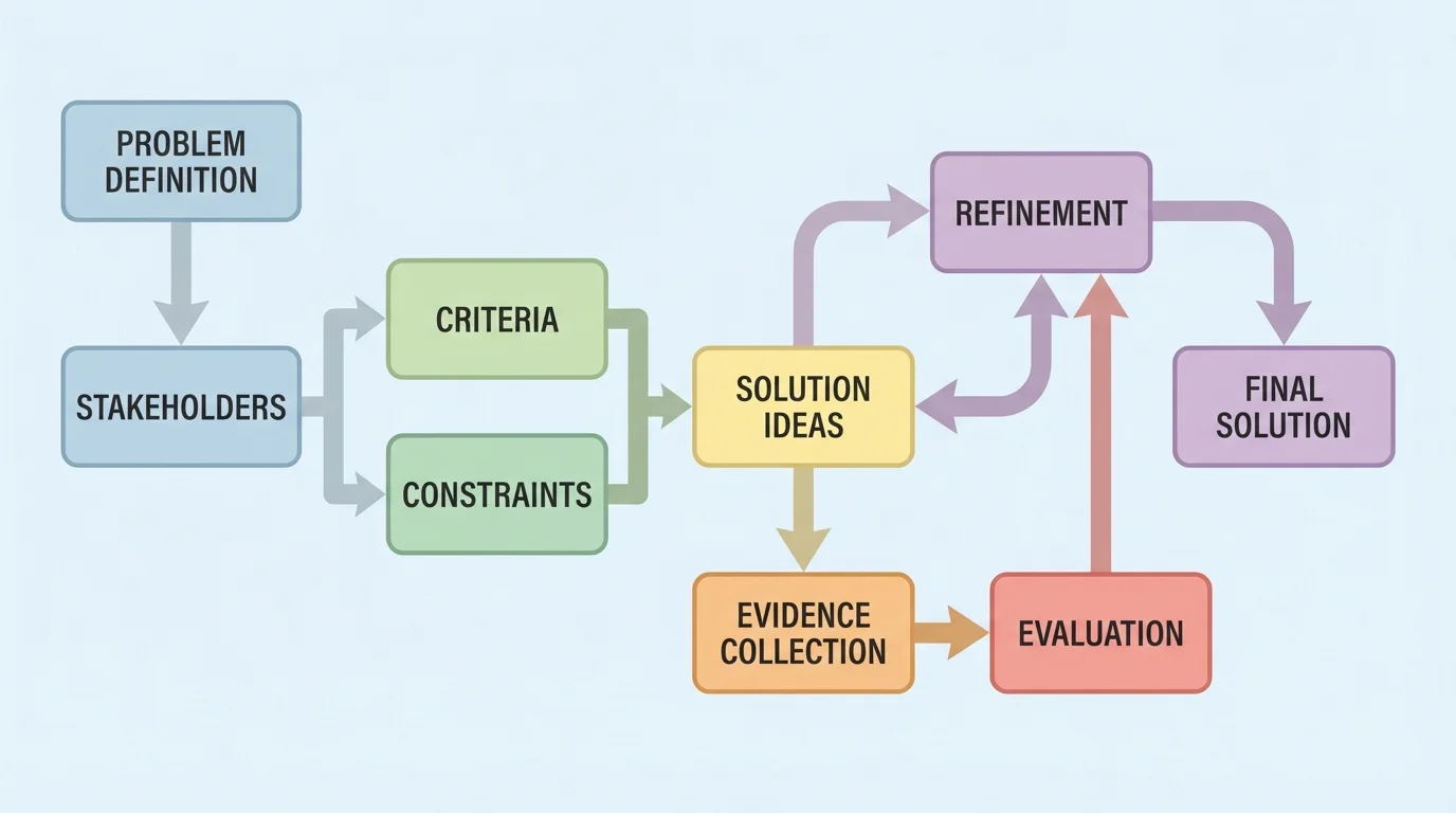 Design process flow with boxes labeled problem definition, stakeholders, criteria, constraints, solution ideas, evidence collection, evaluation, and refinement connected by arrows