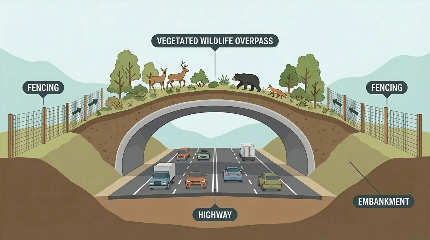 Highway wildlife crossing with a vegetated overpass over the road, fencing along both sides guiding deer, bear, and smaller animals toward the crossing