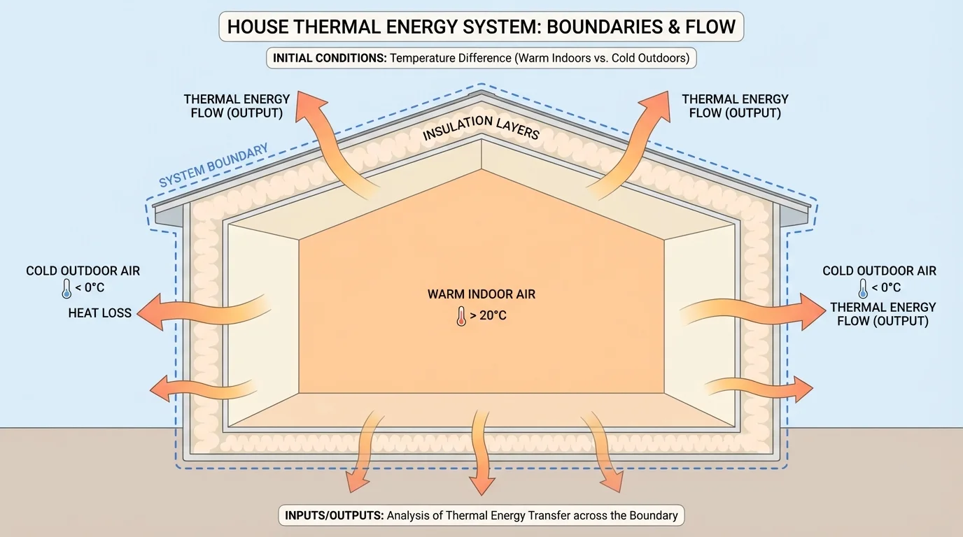 house cross-section showing warm indoor air, cold outdoor air, insulation layers in walls and roof, and arrows showing thermal energy flow across boundaries