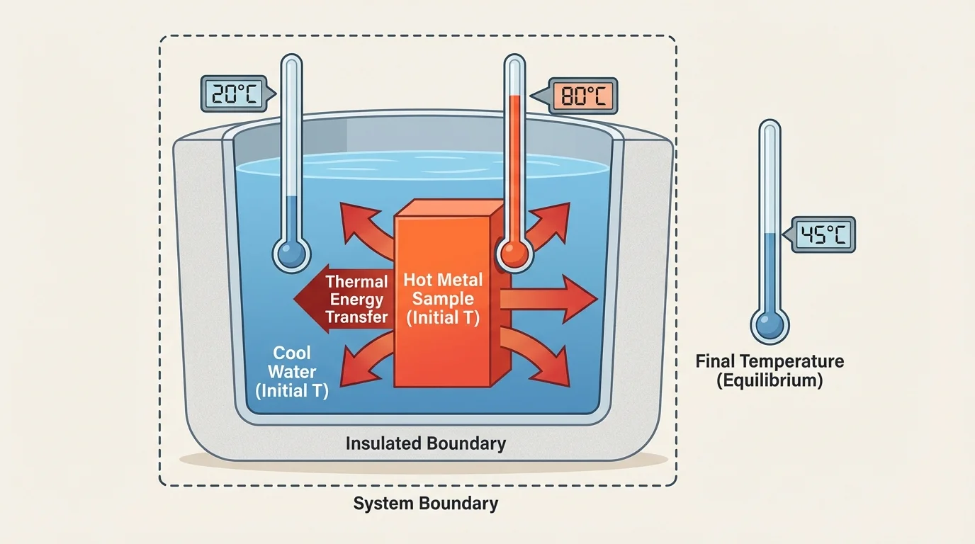 insulated cup with cooler water and a hot metal sample, thermometers showing different initial temperatures and arrows showing thermal energy transfer until equal final temperature