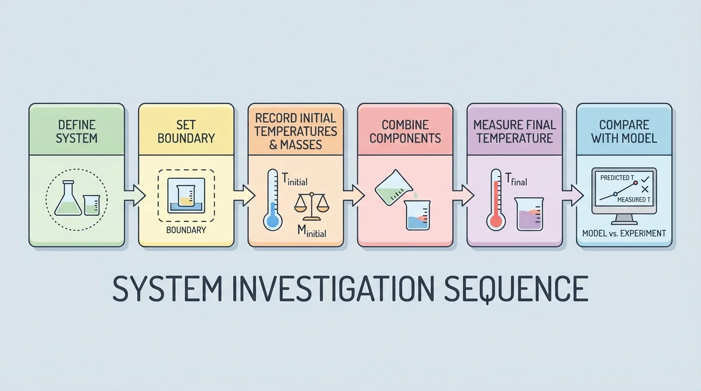 investigation sequence with boxes labeled define system, set boundary, record initial temperatures and masses, combine components, measure final temperature, compare with model
