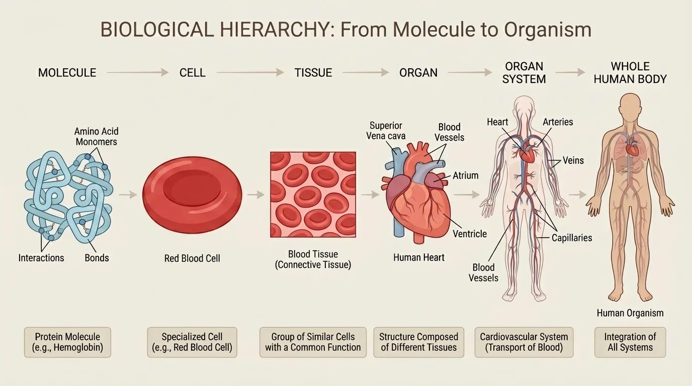 labeled biological hierarchy from protein molecule to cell, tissue, organ, organ system, and whole human body