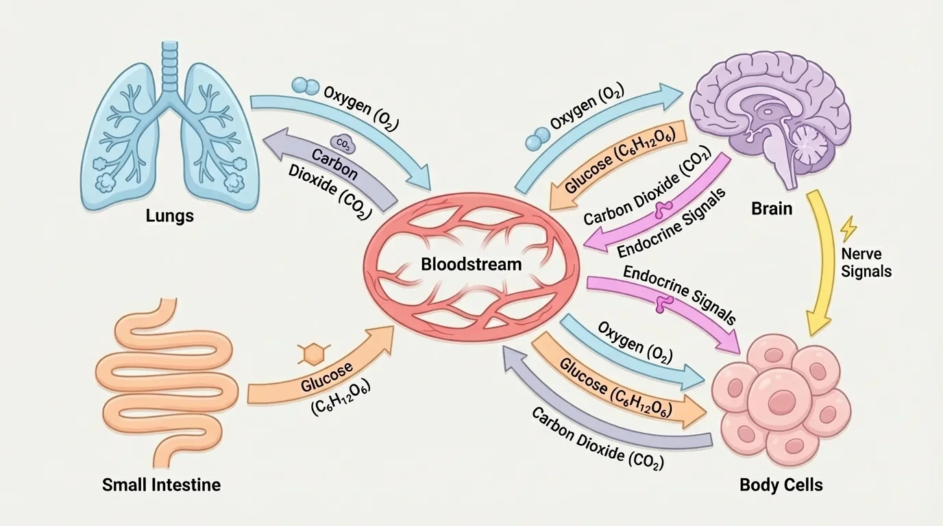 flow diagram linking lungs, small intestine, bloodstream, body cells, and brain with arrows for oxygen, glucose, carbon dioxide, and nerve and endocrine signals