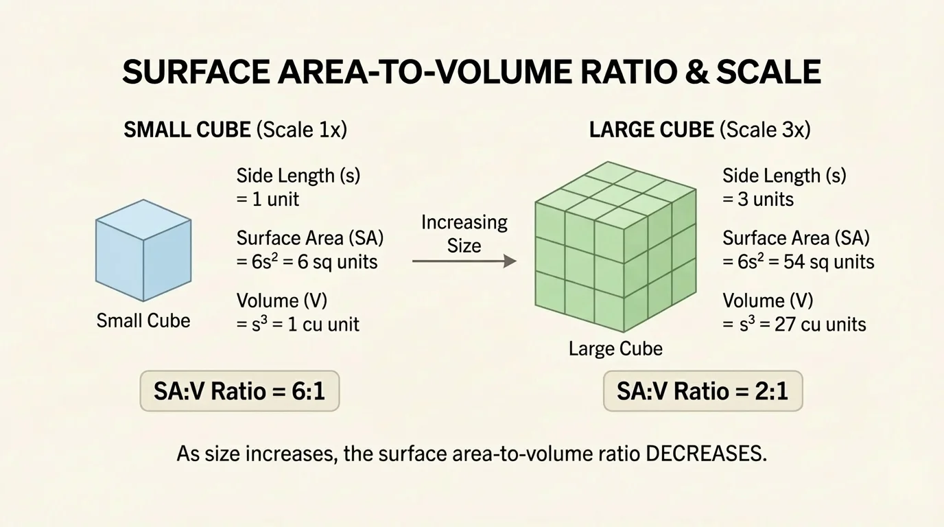 comparison diagram of small and large cubes with labels for surface area and volume to show changing ratio with size