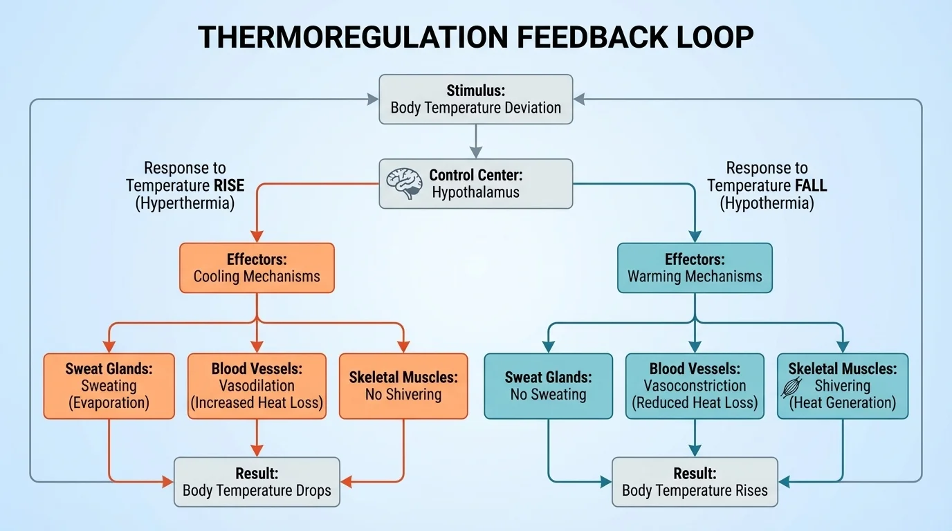 flowchart of thermoregulation feedback loop showing temperature rise and fall, hypothalamus response, sweating, shivering, and blood vessel changes