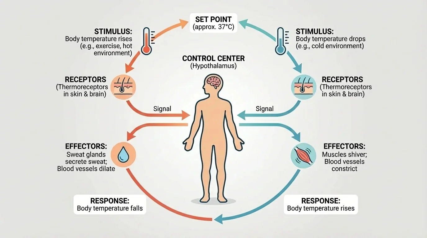 negative feedback loop for body temperature showing stimulus, receptors, control center, sweating or shivering effectors, and return to set point