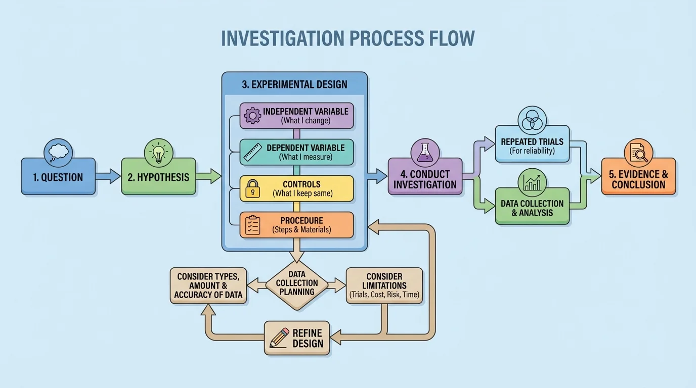 labeled investigation flow showing question, hypothesis, independent variable, dependent variable, controls, procedure, repeated trials, and data collection