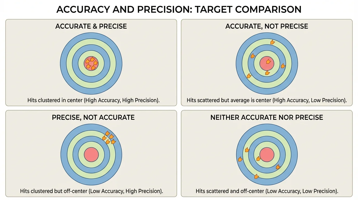 four-panel target-style comparison showing accurate and precise, accurate not precise, precise not accurate, and neither