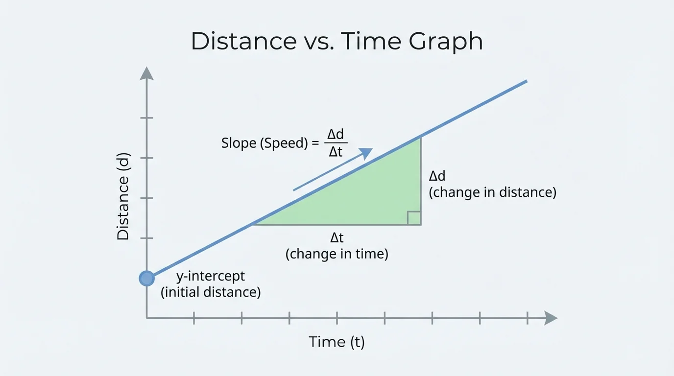distance versus time graph with a straight rising line, a slope triangle marked on the line, and the y-intercept labeled