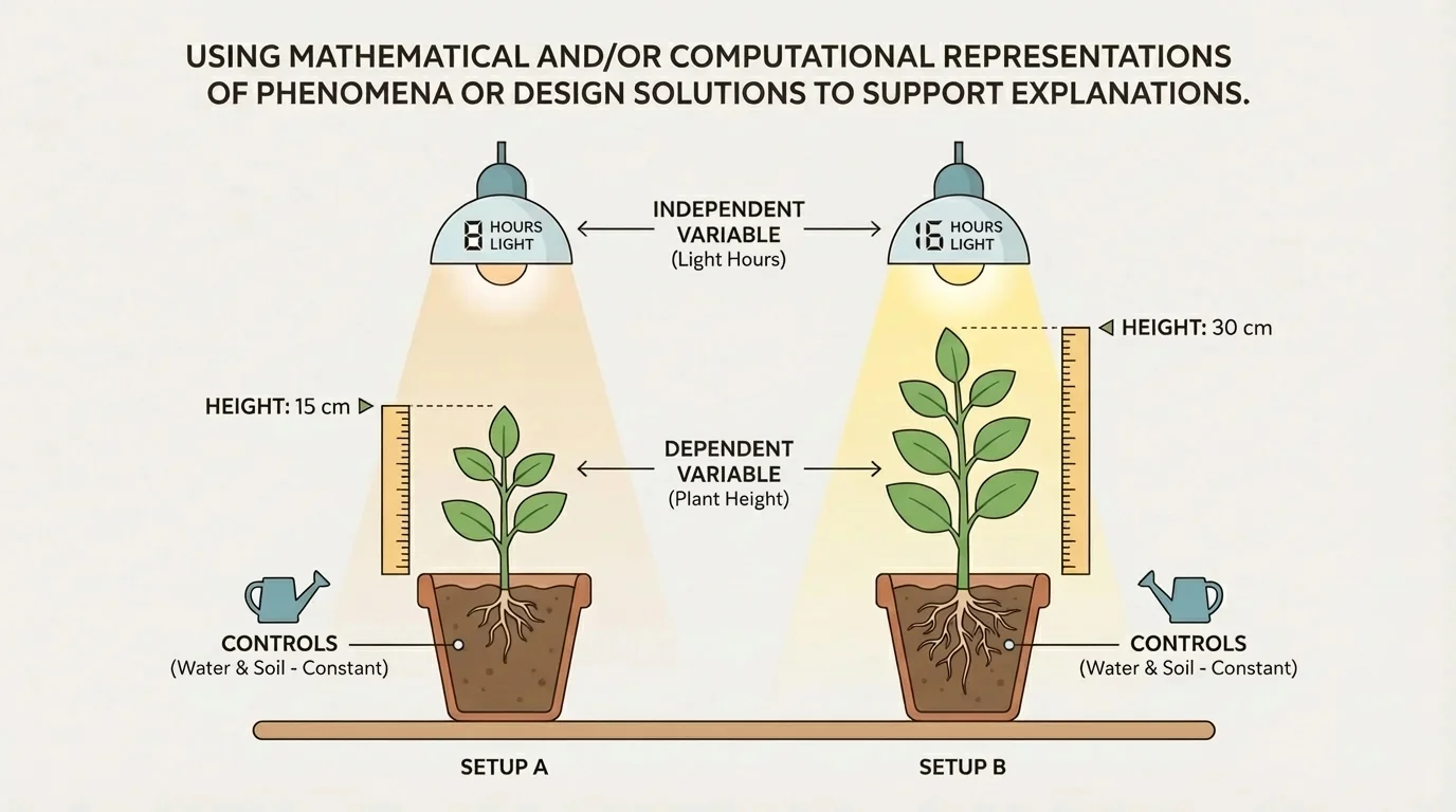 plant-growth experiment with lamps over plants, light hours labeled as independent variable, plant height labeled as dependent variable, and water and soil labeled as controls