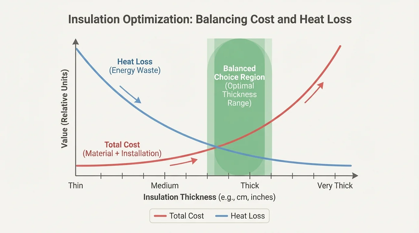 graph of insulation thickness on the x-axis with one curve showing cost increasing and another curve showing heat loss decreasing, highlighting a balanced choice region