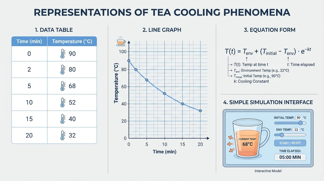 comparison chart of one cooling cup of tea represented as a data table, a line graph, an equation form, and a simple simulation interface