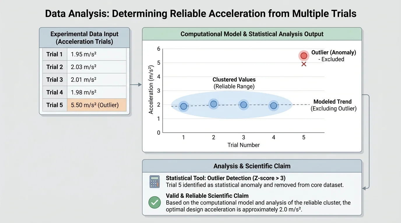 Repeated acceleration trials displayed as points or bars, with four clustered values near 2.0 and one outlier much higher