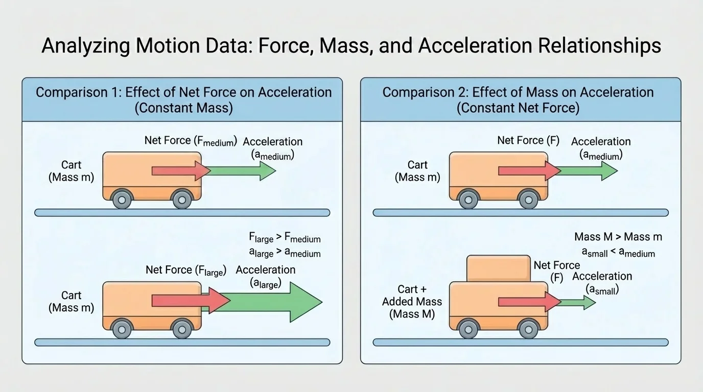 Motion cart in two comparisons: one with a larger forward net force producing greater acceleration, and one with added mass producing smaller acceleration; arrows labeled force direction and acceleration direction