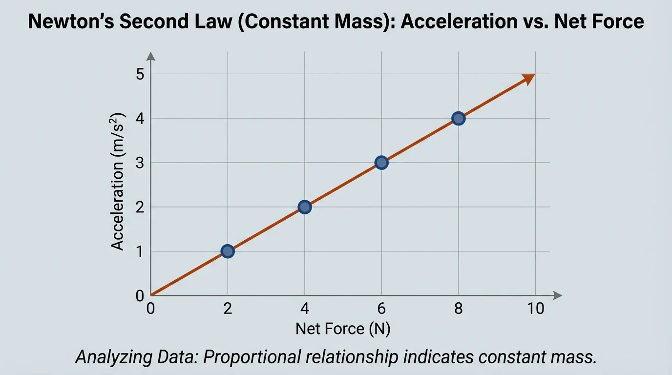 Coordinate graph of acceleration versus net force for a constant-mass cart, with four plotted points forming a straight best-fit line through the origin