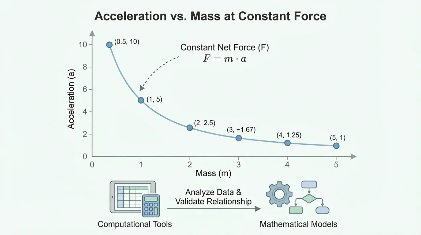 Coordinate graph of acceleration versus mass for a constant net force, showing a downward-curving inverse relationship