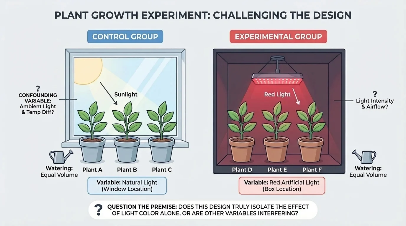 Diagram of a plant-growth experiment with identical plants, one variable changed, labeled control and experimental groups