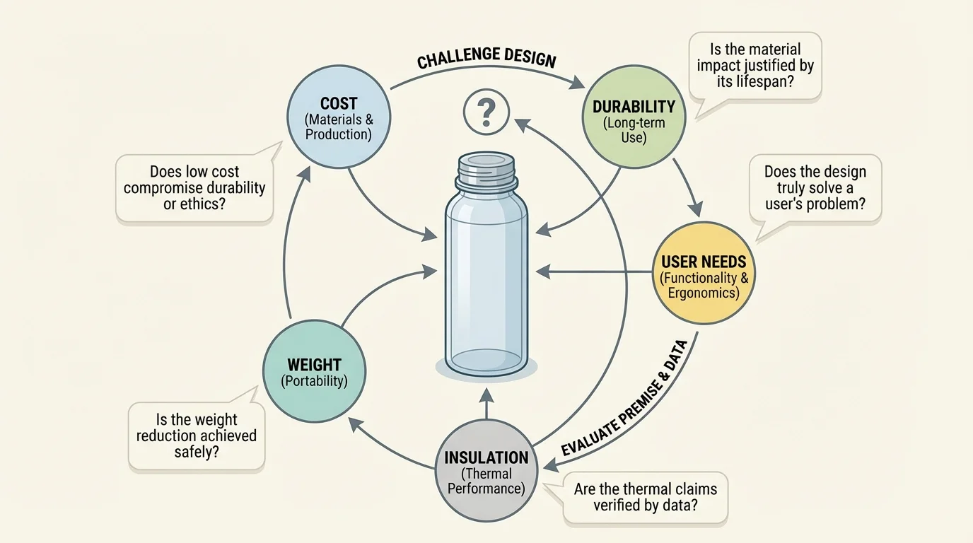 Diagram of a prototype water bottle with labels for cost, durability, weight, insulation, and user needs connected by arrows