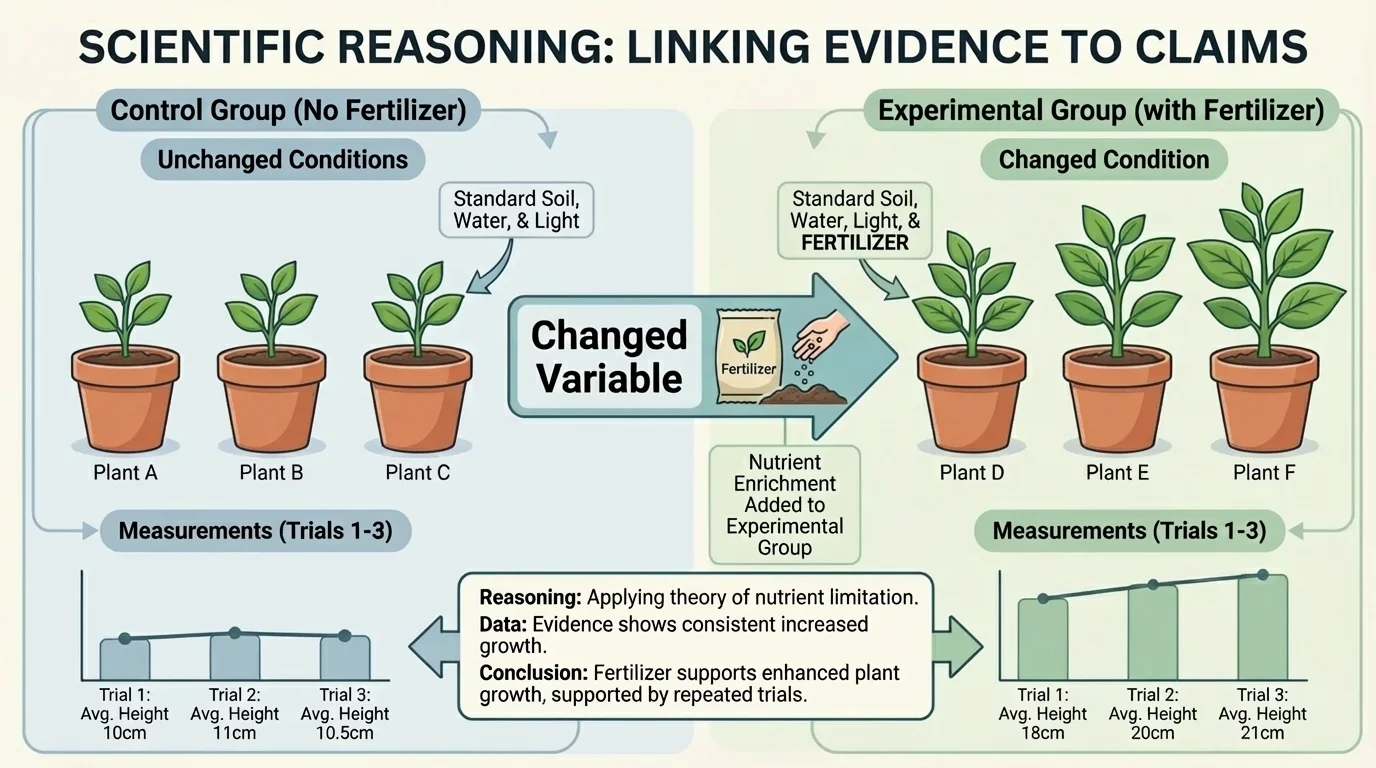 chart comparing two plant groups, one with fertilizer and one without, highlighting control group, changed variable, and repeated measurements across trials