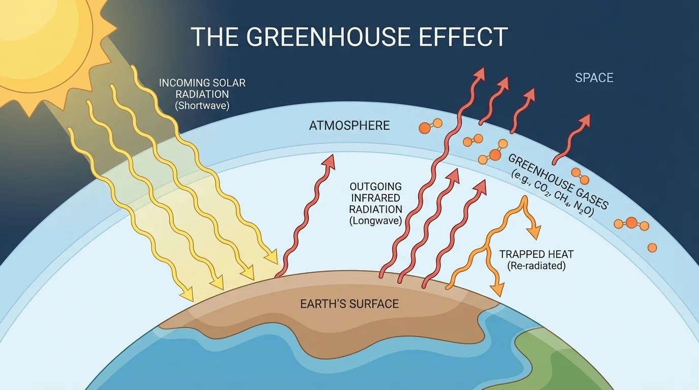 diagram of sunlight entering Earth system, infrared radiation leaving, and greenhouse gases trapping some outgoing heat