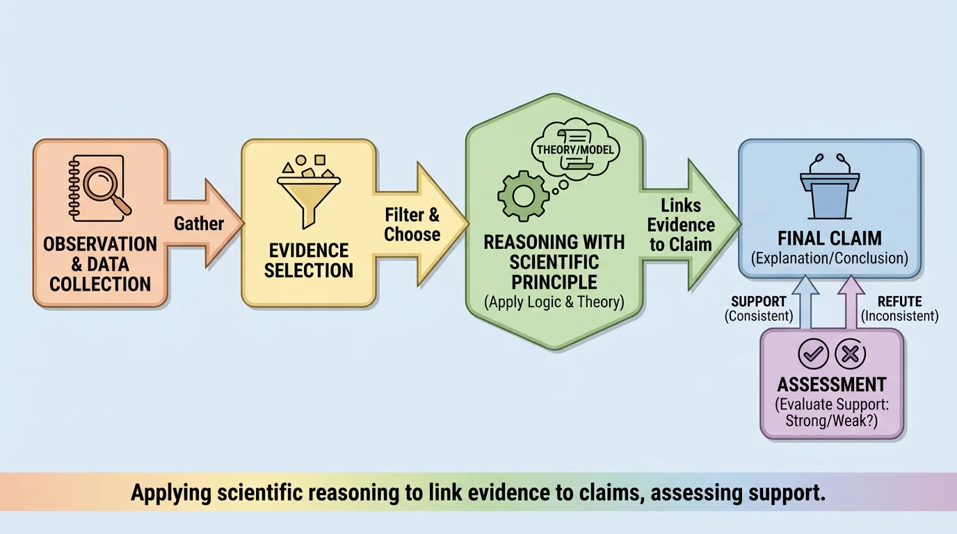 flowchart showing observation, data collection, evidence selection, reasoning with a scientific principle, and final claim
