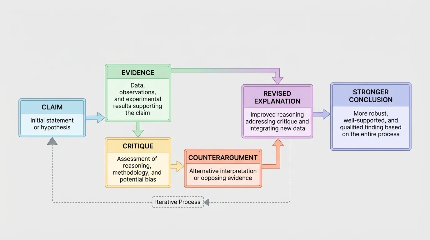 flowchart showing claim, evidence, critique, counterargument, revised explanation, and stronger conclusion