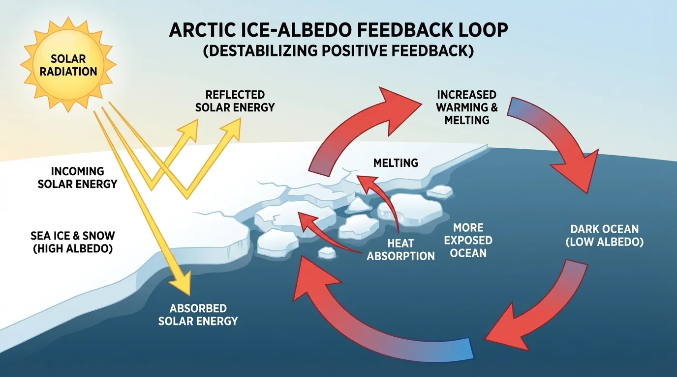 Arctic ice-albedo loop showing bright ice reflecting sunlight, partial melting, dark ocean absorbing more solar energy, and arrows leading to further melting
