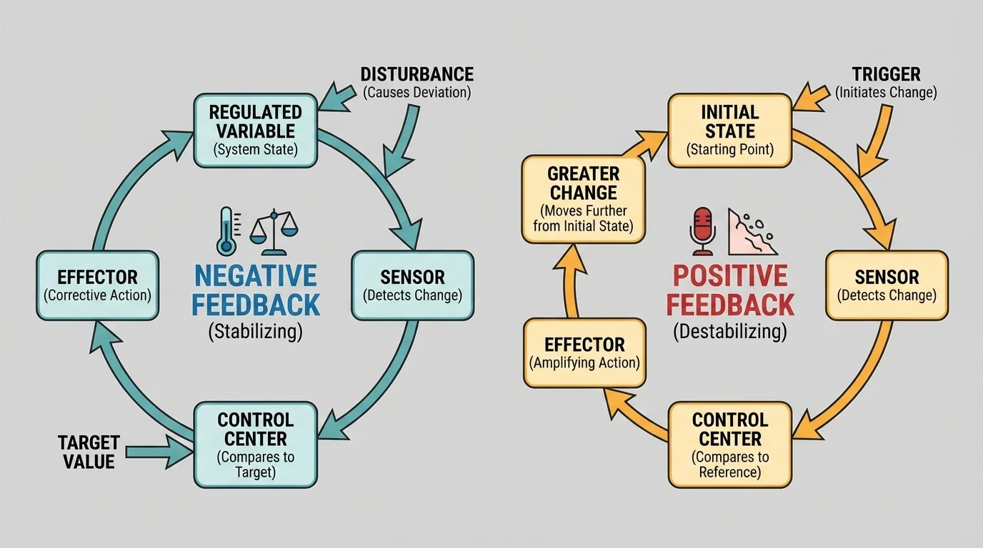 two circular loop diagrams side by side, one labeled negative feedback with a change reduced back toward a target value, and one labeled positive feedback with a change amplified farther from the target