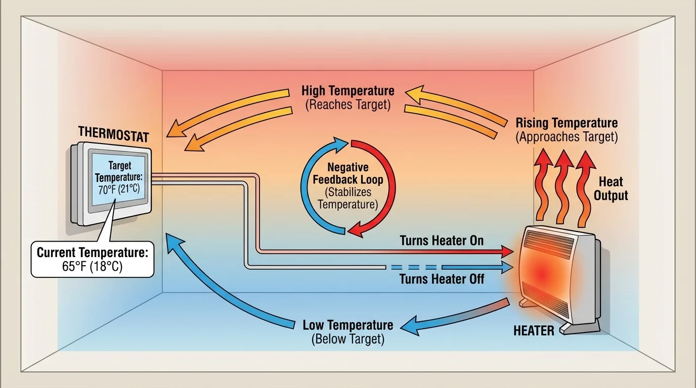 thermostat-controlled room with labeled thermostat, heater, room air, target temperature, and arrows showing low temperature activates heater and rising temperature turns heater off