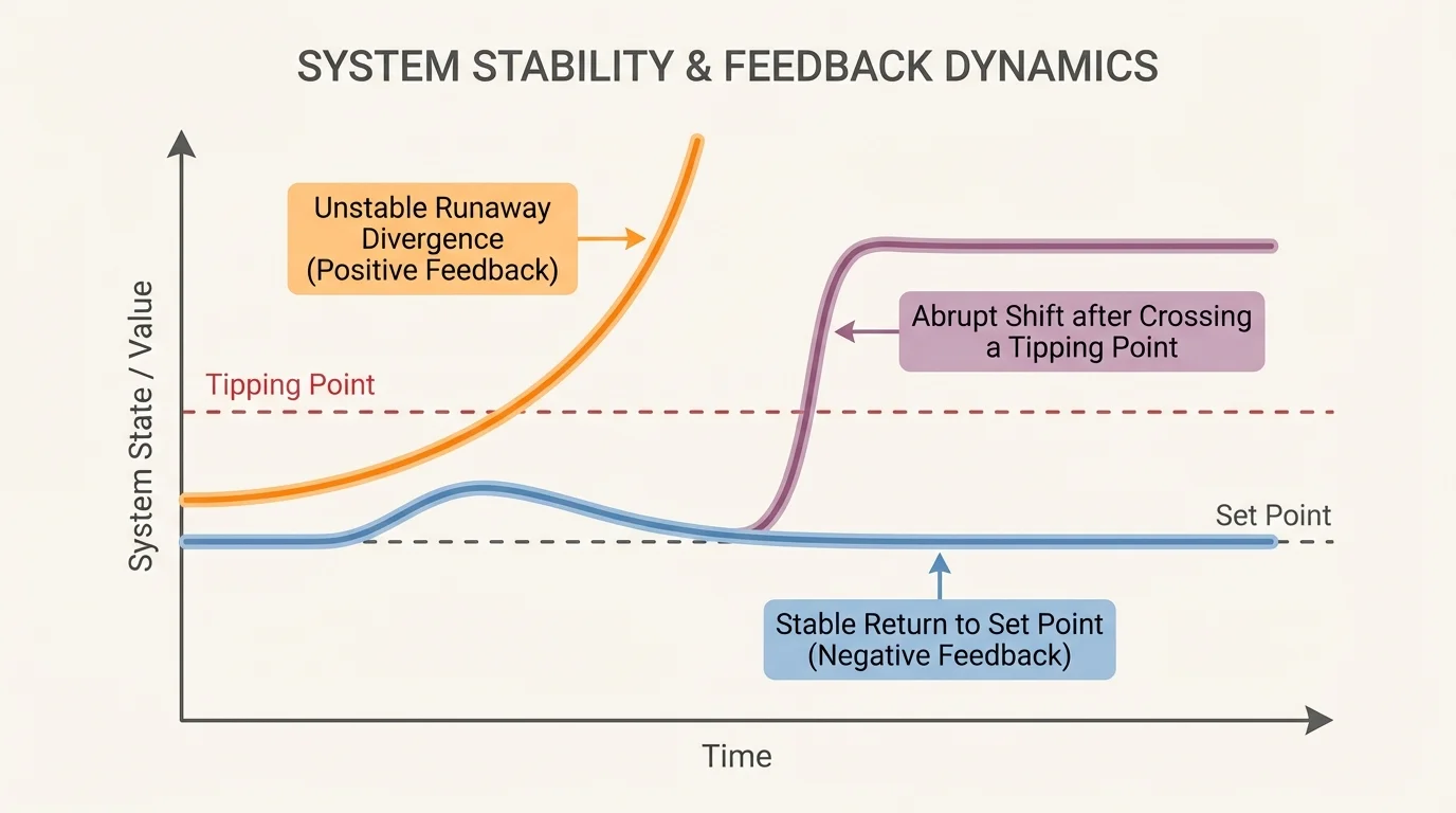 line graph over time with three curves labeled stable return to set point, unstable runaway divergence, and abrupt shift after crossing a threshold marked as tipping point