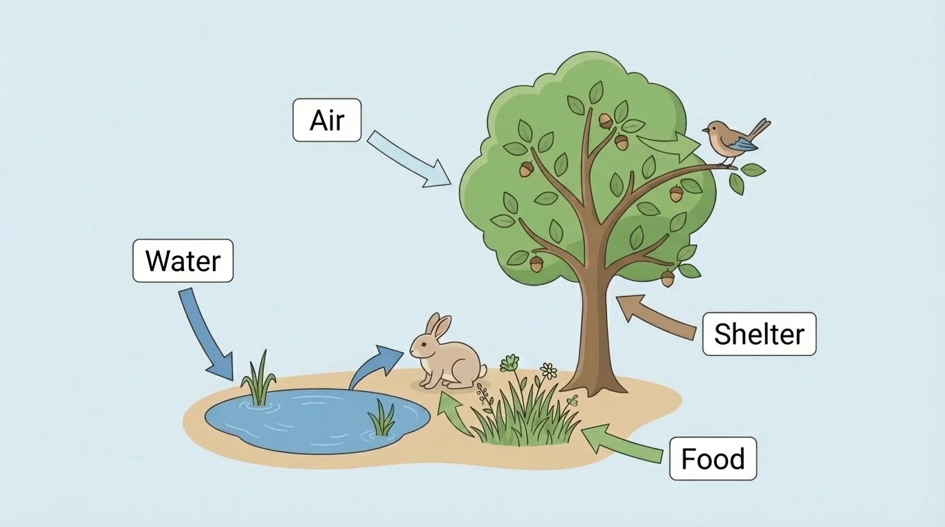 simple habitat model showing a rabbit, tree, bird, and small pond with arrows to short labels for water, food, shelter, and air
