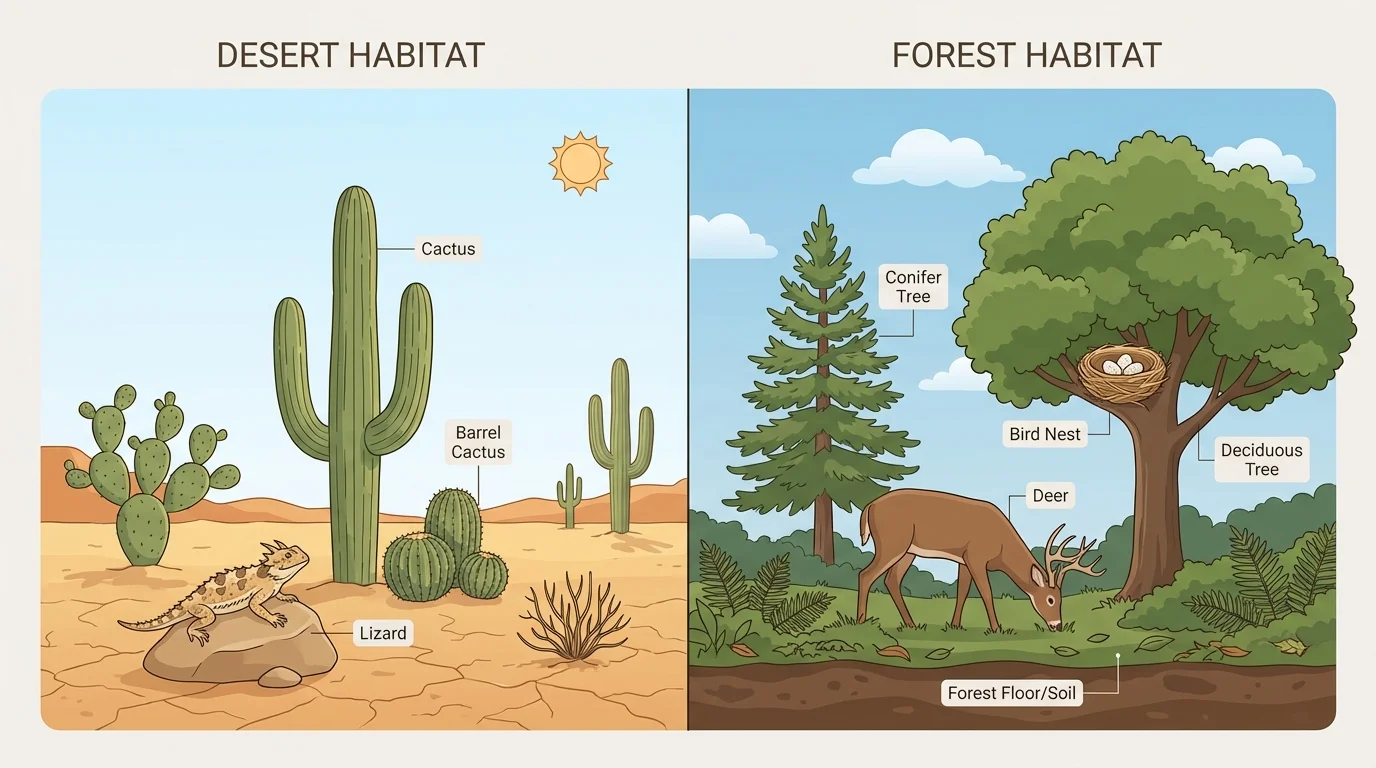 side-by-side habitat comparison showing a desert with cactus and lizard and a forest with trees, deer, and bird nest