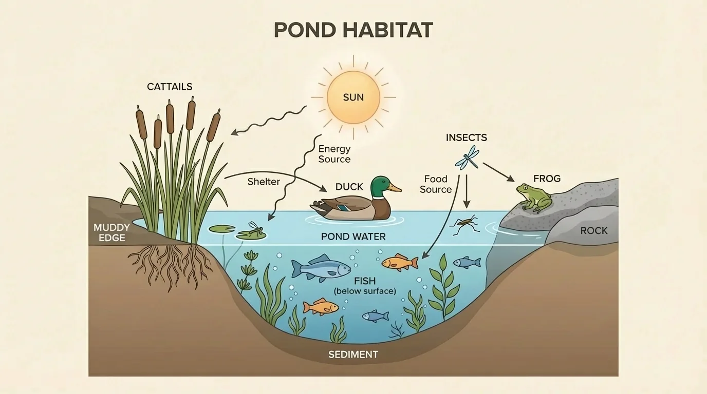 labeled pond habitat with fish in water, frog on rock, duck on pond, cattails, insects, muddy edge, and sun overhead