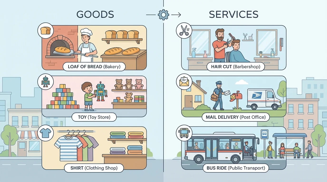 child-friendly split scene showing goods on one side such as loaf of bread, toy, and shirt, and services on the other side such as haircut, mail delivery, and bus ride
