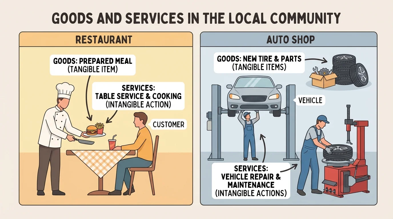restaurant serving a meal and auto shop replacing a tire while repairing a car, showing both goods and services