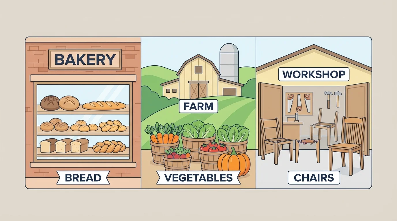 bakery with bread, farm with vegetables, and workshop making chairs, each labeled with the product being made