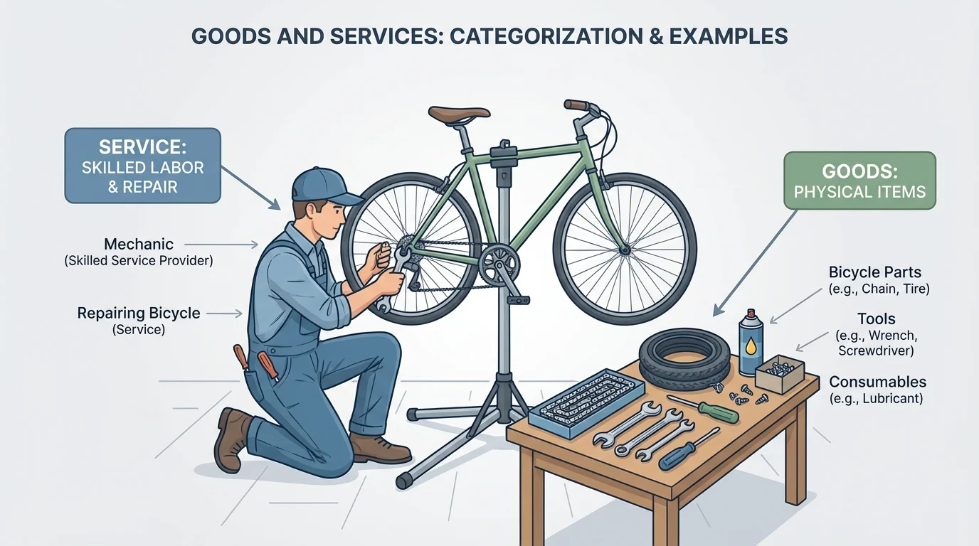 mechanic repairing a bicycle with tools and bike parts nearby, showing service plus goods used together