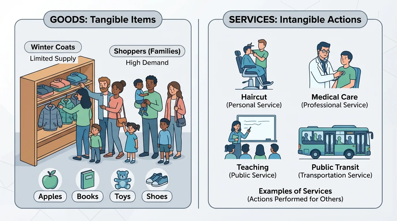 store shelf with fewer winter coats than shoppers, showing some families choosing because supply is limited