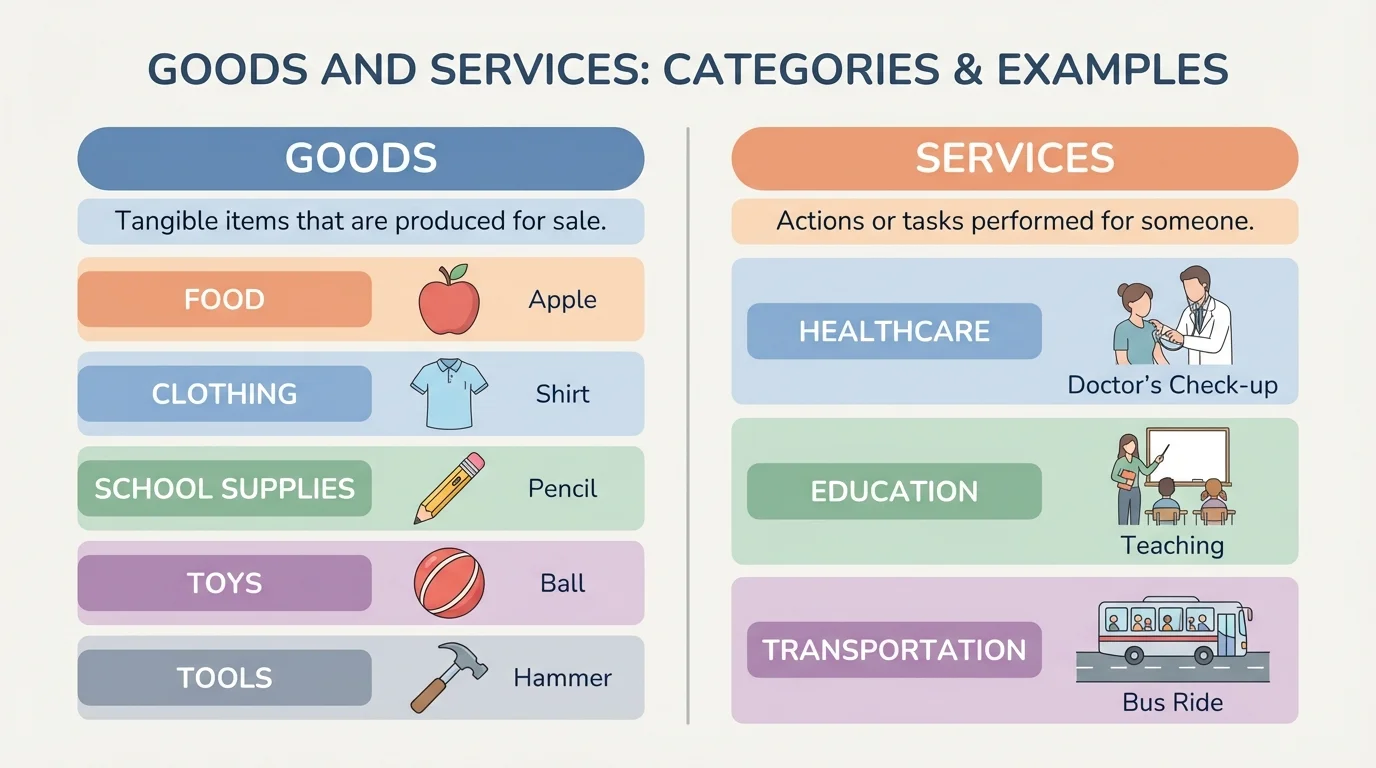 chart with pictures of apple, shirt, pencil, ball, and hammer sorted into food, clothing, school supplies, toys, and tools