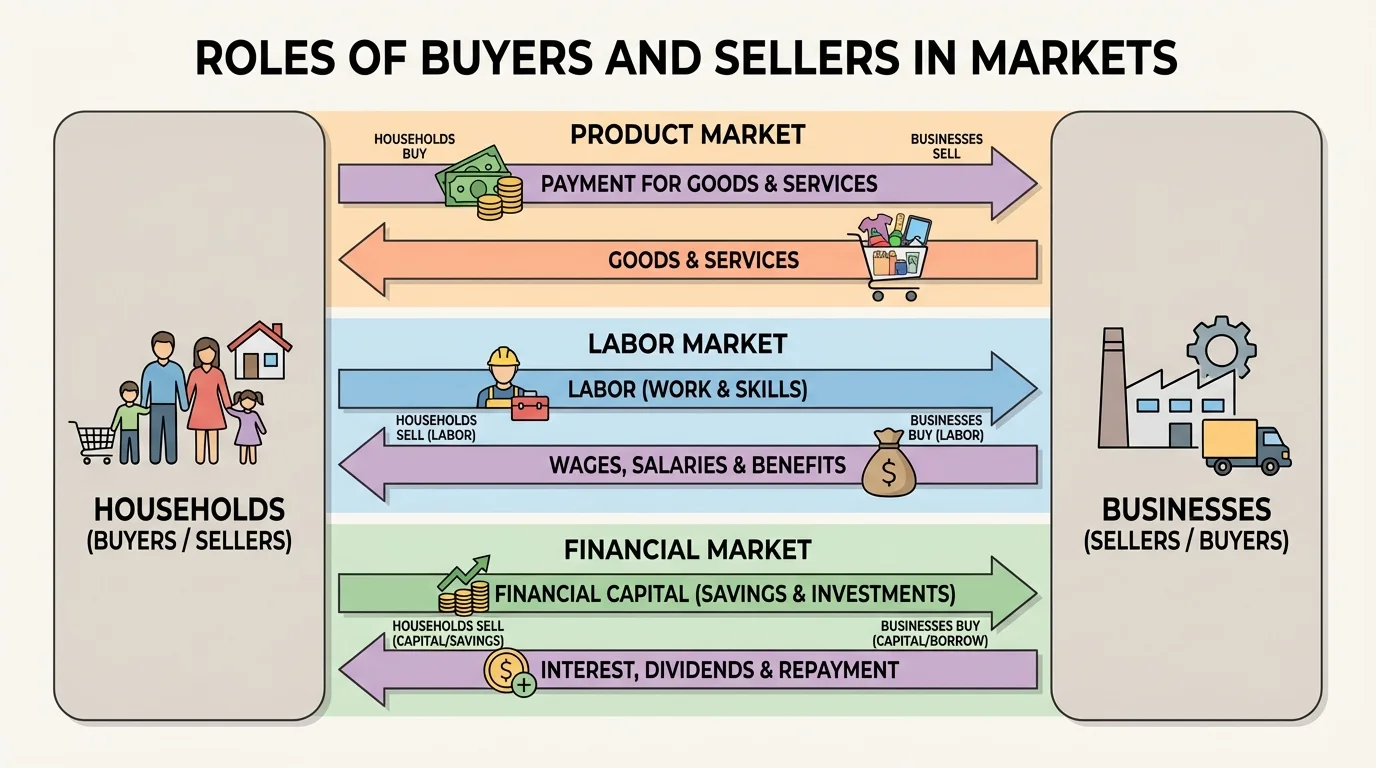 Family buying groceries from a neighborhood store, arrows showing products moving to buyers and money moving to the seller