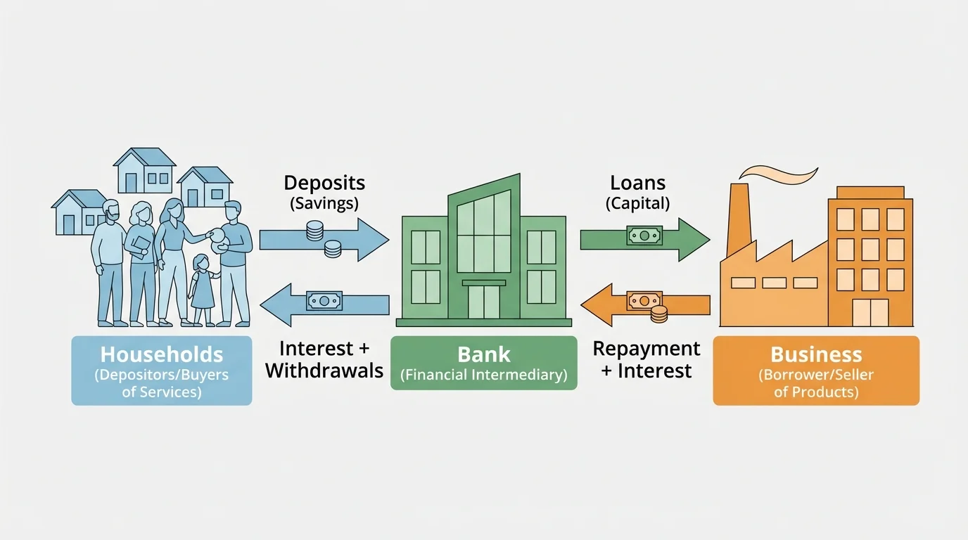 Households depositing money into a bank, bank lending money to a business, arrows showing repayment and interest