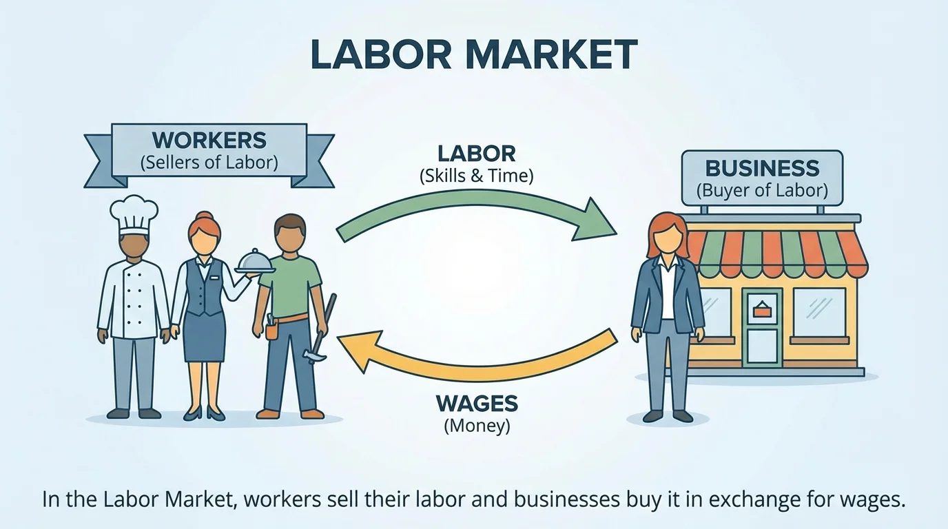 Labor market with workers on one side and a restaurant owner on the other, arrows showing labor going to the business and wages going to workers