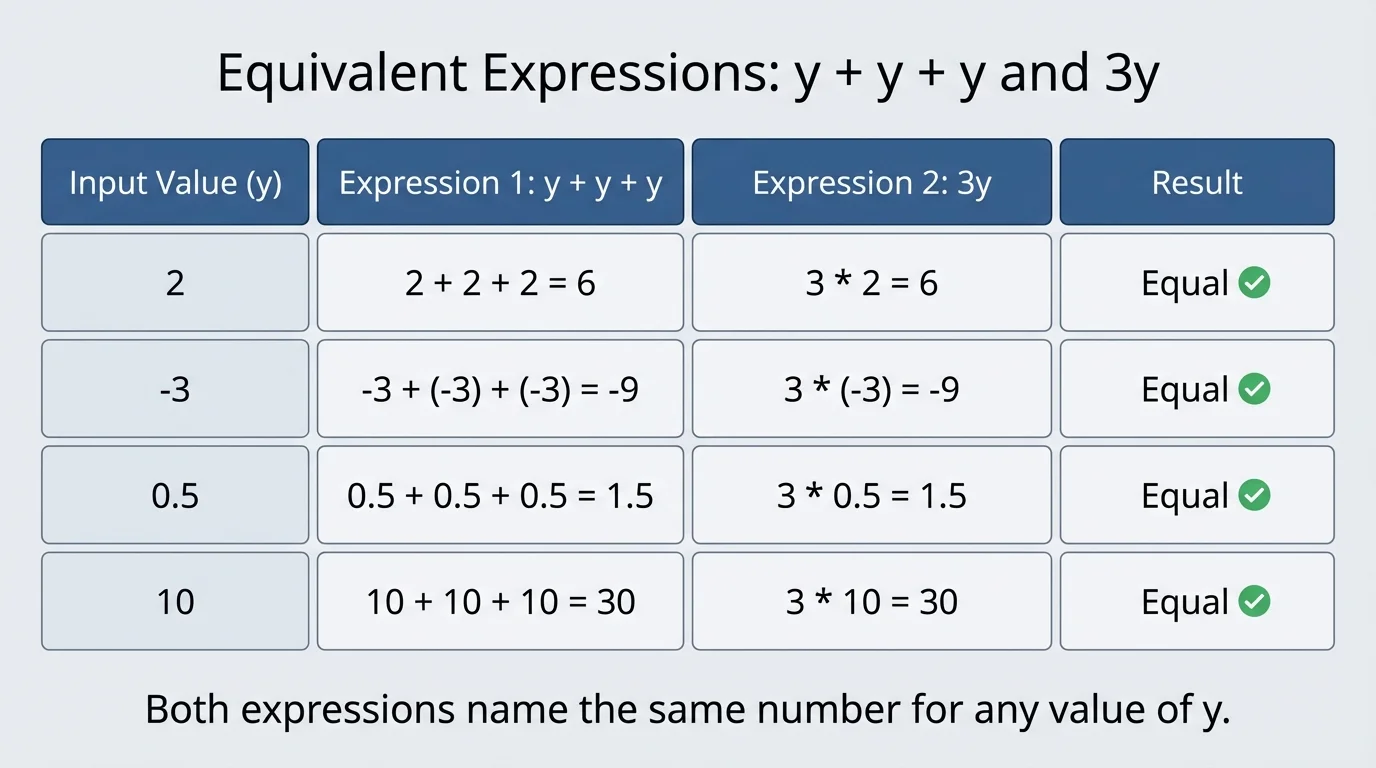 chart showing input values for y and matching outputs for y+y+y and 3y, with several sample inputs and equal outputs