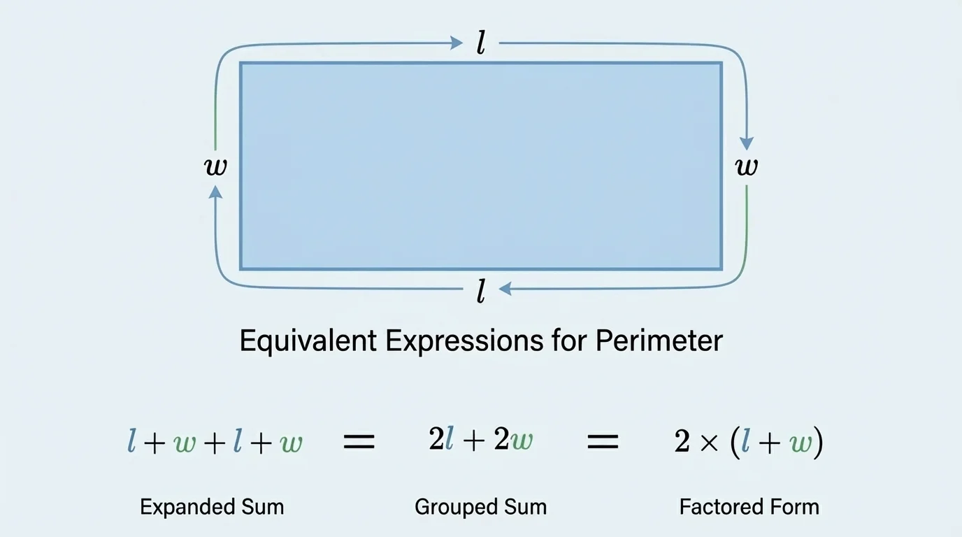labeled rectangle with length l and width w on opposite sides, illustrating perimeter written as l+w+l+w, 2l+2w, and 2(l+w)