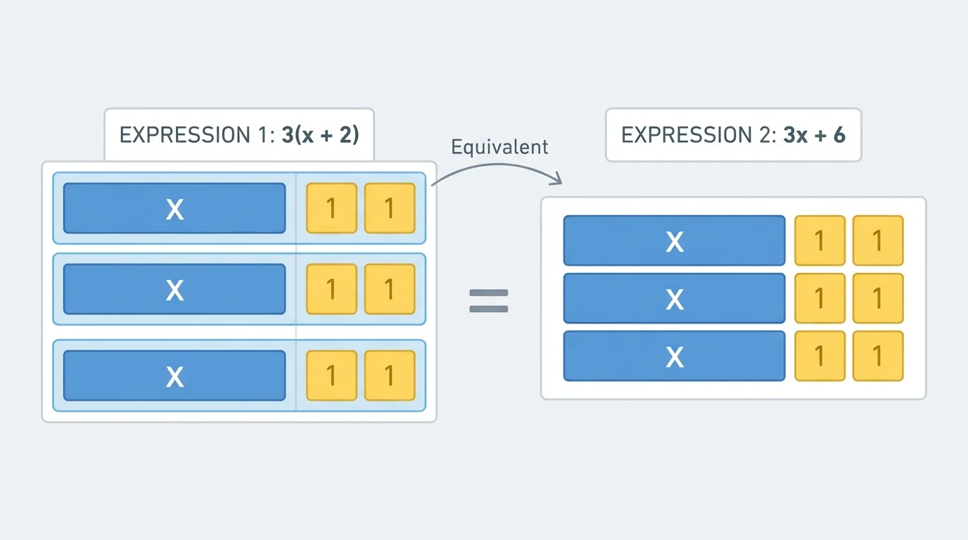 rectangle or grouped boxes split into 3 equal groups, each containing one x-part and 2 unit squares, showing total equal to 3x+6