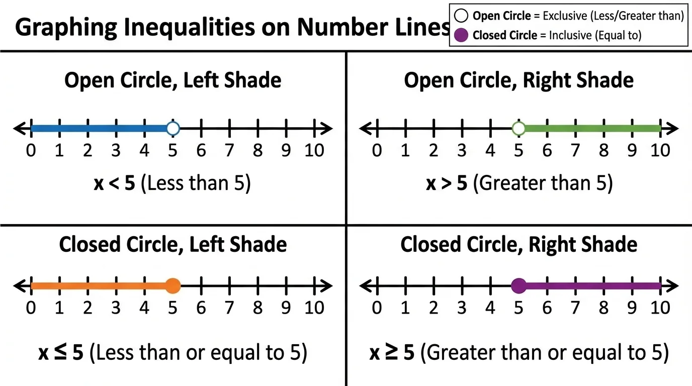 four small number lines showing open circle left shade, open circle right shade, closed circle left shade, closed circle right shade