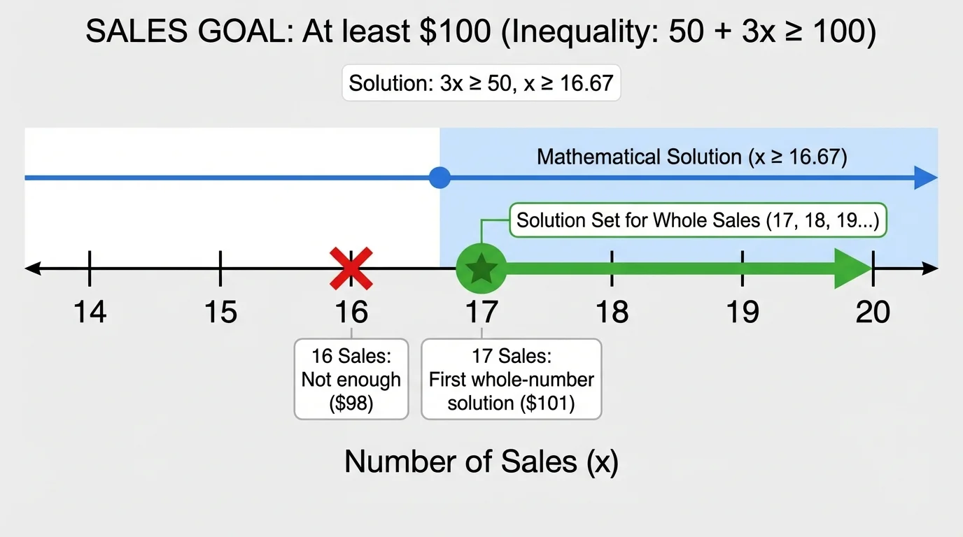 number line highlighting 16 and 17 with 16 marked not enough and 17 marked first whole-number solution for a sales goal