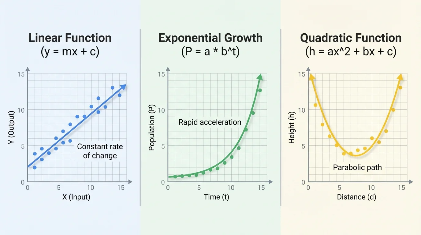 three side-by-side scatter plots on coordinate grids showing a roughly linear upward trend, an exponential growth curve, and a U-shaped quadratic pattern with simple axis labels