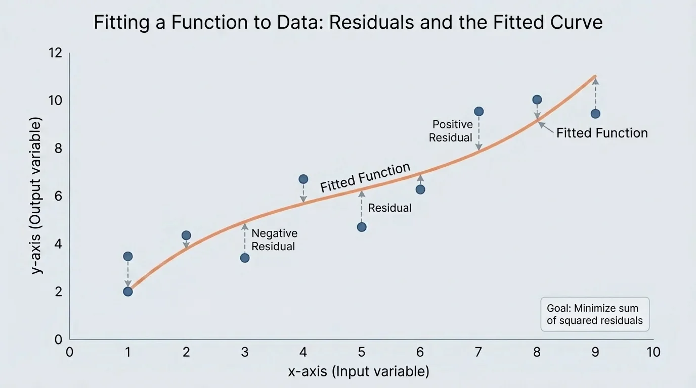 coordinate graph with scattered data points, a fitted curve, and vertical segments from each point to the curve to represent residuals