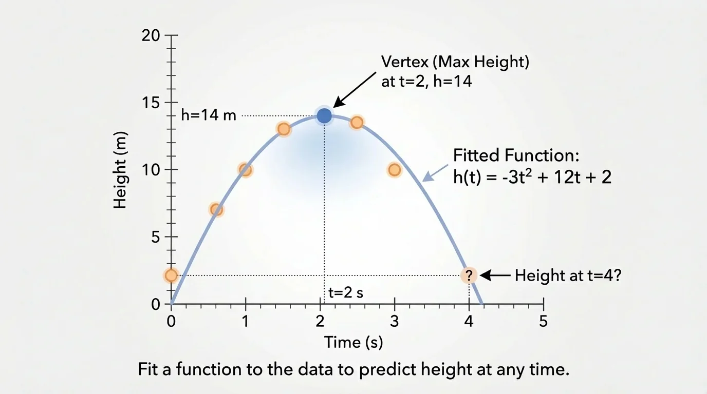 graph of ball height over time with plotted data points and a smooth downward-opening parabola, the vertex clearly marked near the top